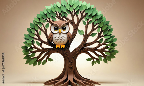 A brown owl sits on a branch of a paper tree with green leaves