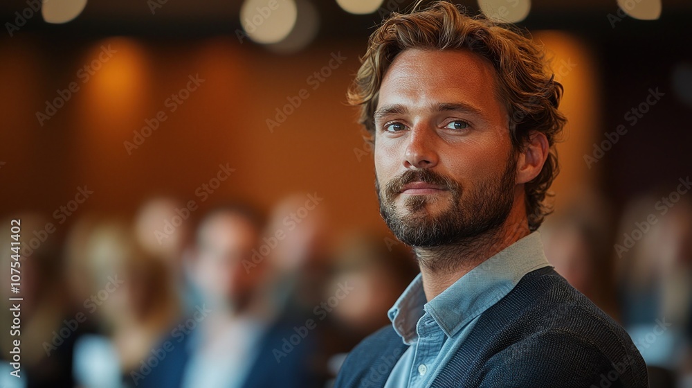 A Man With Curly Hair and a Beard Listens Intently During a Conference in a Well-Lit Meeting Room Filled With Engaged Attendees in the Background A Man With Curly Hair and a Beard Listens Intently During a Conference in a Well-Lit Meeting Room Filled With Engaged Attendees in the Background