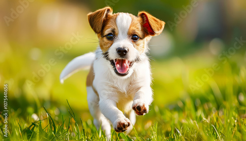 Small dog is running through a green field. The dog is happy and energetic, and the grass is lush and green