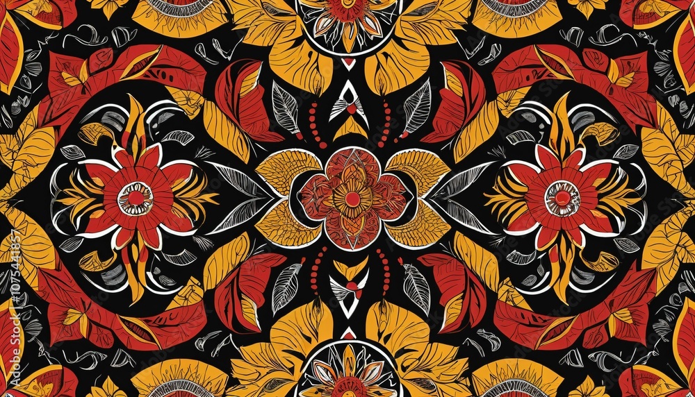Vibrant Floral Pattern with Circular Borneo Motifs Generative AI Vibrant Floral Pattern with Circular Borneo Motifs Generative AI