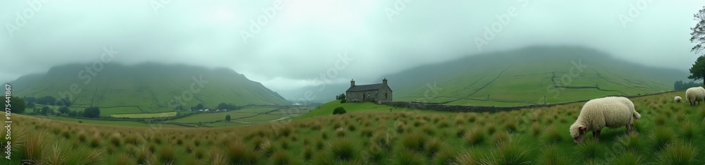 Fototapeta premium 360 degree photo, Highlands with Rolling Fog with sheep and grass