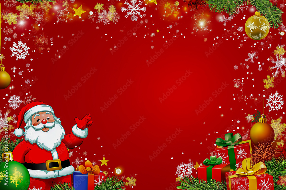 A Christmas card with a copy space, with fir branches and decorative elements on a red background. Bright Christmas and New Year background with garlands, gChristmas, New Year's design A Christmas card with a copy space, with fir branches and decorative elements on a red background. Bright Christmas and New Year background with garlands, gChristmas, New Year's design