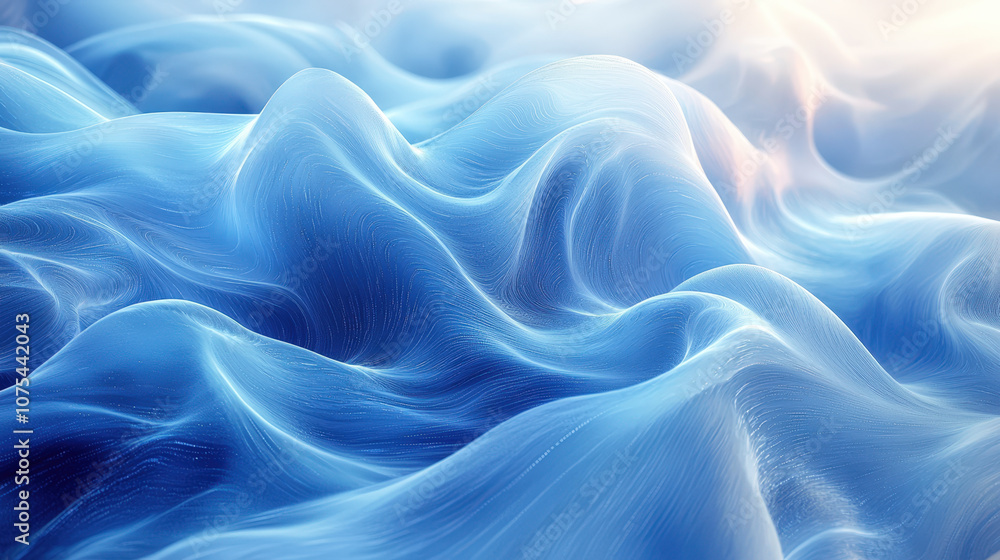 A tranquil display of blue fabric waves flowing together gracefully, illuminated by soft sunlight A tranquil display of blue fabric waves flowing together gracefully, illuminated by soft sunlight