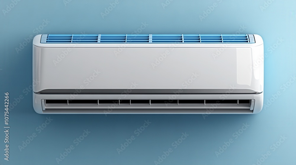 A Modern Air Conditioning Unit Installed on a Smooth Blue Wall, Providing Cooling Comfort During Hot Summer Days in a Residential or Commercial Setting A Modern Air Conditioning Unit Installed on a Smooth Blue Wall, Providing Cooling Comfort During Hot Summer Days in a Residential or Commercial Setting