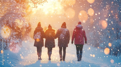 Group of friends on a snowy adventure, seen from behind, walking through a magical winter scene