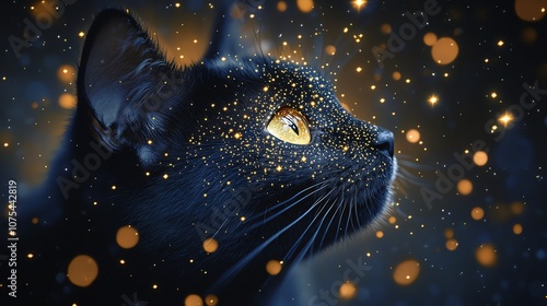 A black cat with starry patterns on its fur, surrounded by twinkling stars, giving a magical, celestial look photo