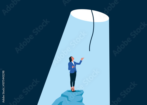 Freedom. Woman finding a way to get out of darkness, help from the sky. Modern vector illustration in flat style
