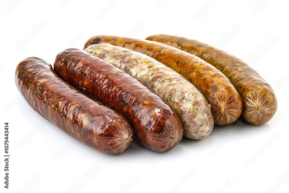 Assorted fresh sausages displayed on a plain background showcasing various textures and colors in a culinary presentation. Generative AI Assorted fresh sausages displayed on a plain background showcasing various textures and colors in a culinary presentation. Generative AI