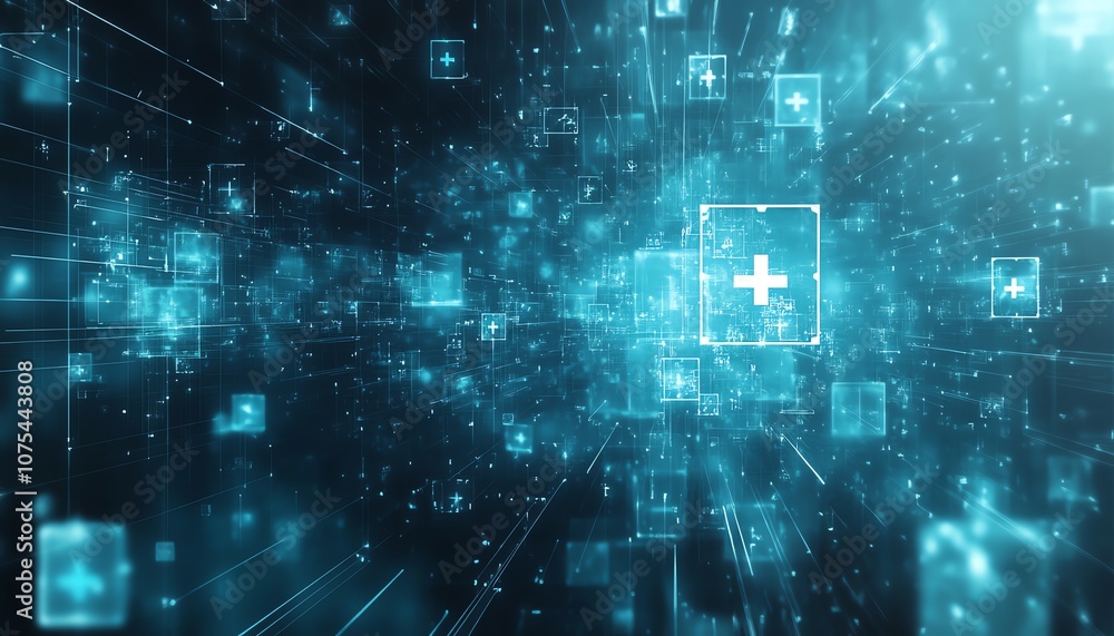 Blue digital background with square shapes and cross symbols, reminiscent of medical or technology theme