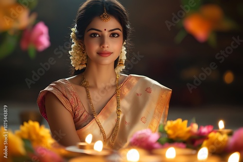 Golden Saree Beauty with Candlelight and Flowers1 photo