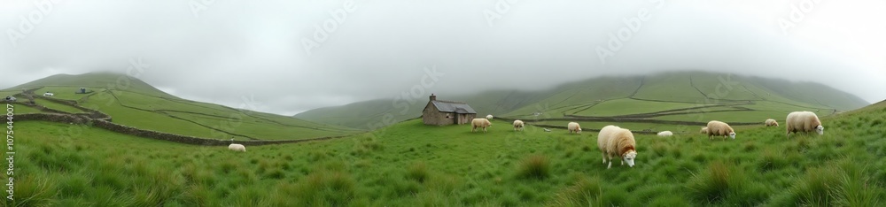 360 degree photo, Highlands with Rolling Fog with sheep and grass 360 degree photo, Highlands with Rolling Fog with sheep and grass