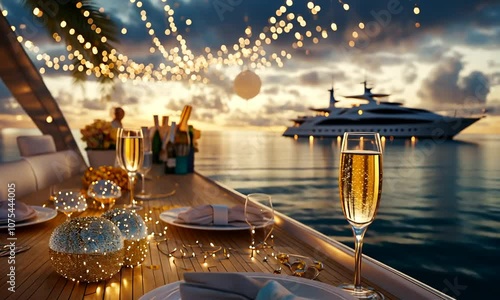 Elegant evening setting with champagne on a yacht, illuminated by twinkling lights.