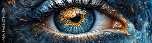 Closeup of a blue eye with golden specks, hyperdetailed textures and reflections, surreal focus on the iris photo