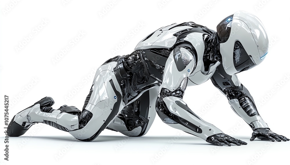 Futuristic robot in a dynamic pose, metallic and sleek design, exuding strength and agility isolated on white Futuristic robot in a dynamic pose, metallic and sleek design, exuding strength and agility isolated on white