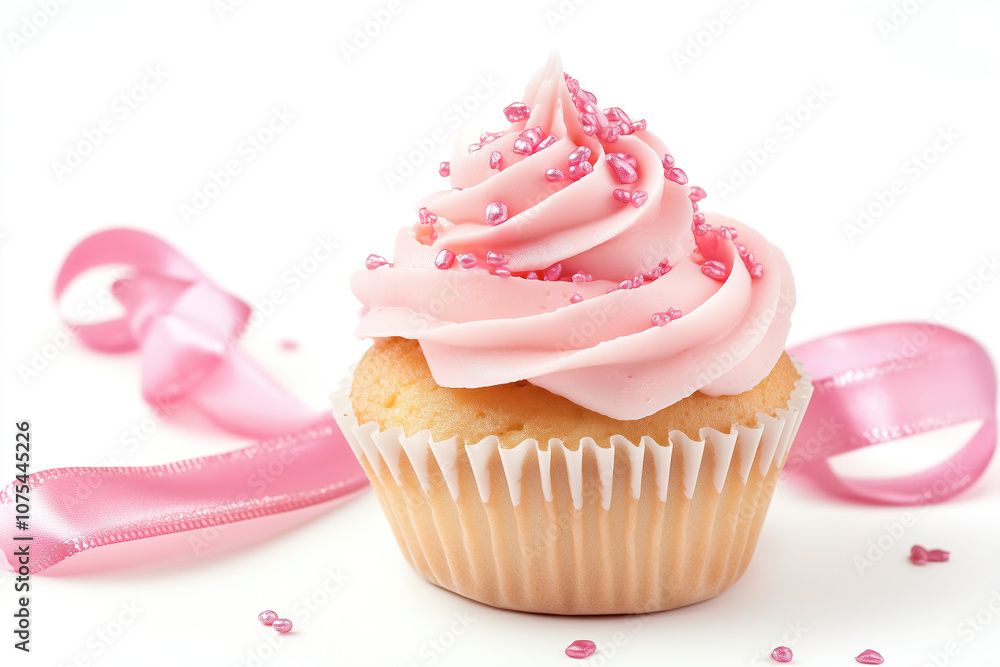 Delicious cupcake with pink frosting and sweet sprinkles on a white background decorated with pink ribbon. Generative AI Delicious cupcake with pink frosting and sweet sprinkles on a white background decorated with pink ribbon. Generative AI
