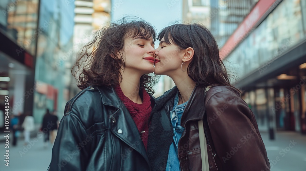 Fototapeta premium portrait of two young women walking and kissing together in city