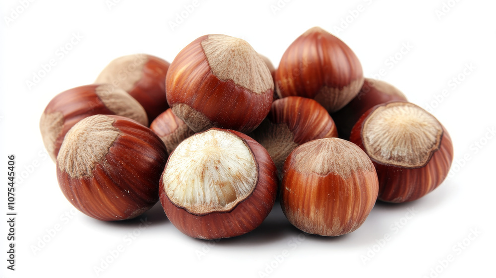 Closeup of Hazelnuts: A Nutty Delight on White Background Closeup of Hazelnuts: A Nutty Delight on White Background