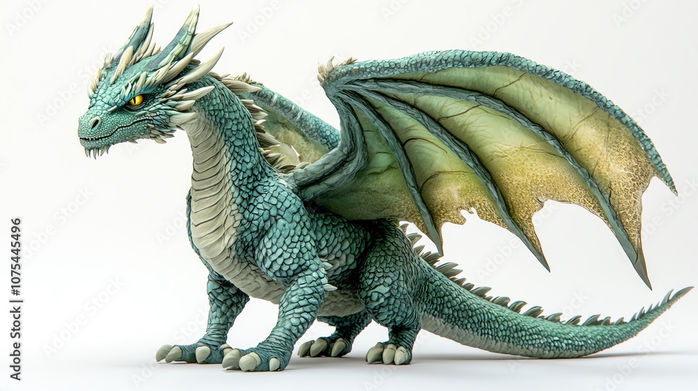 Obraz premium Green dragon with fierce expression, large wings, and scales, standing proudly, detailed fantasy art isolated on white