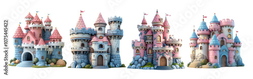 Colorful Fantasy Castles with Turrets and Flags