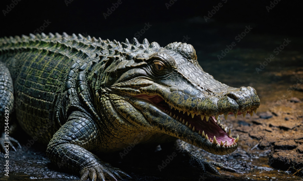 Naklejka premium A large alligator rests near the water's edge, its jaws slightly open and its eyes staring intently at the camera