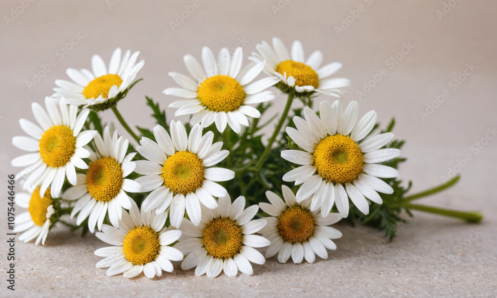 Obraz premium A bouquet of daisies rests on a light grey surface