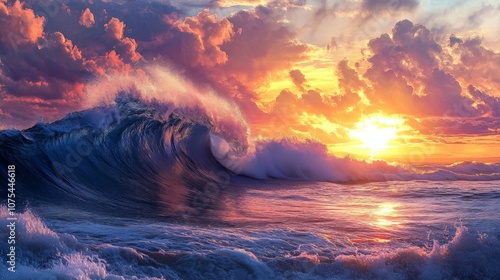 Dramatic Ocean Wave Crashing Under a Vibrant Sunset Sky