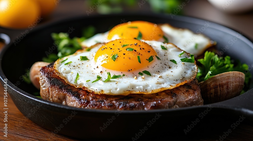 A delicious dish featuring two fried eggs atop succulent steak, served in a skillet with a sprinkle of herbs. A delicious dish featuring two fried eggs atop succulent steak, served in a skillet with a sprinkle of herbs.