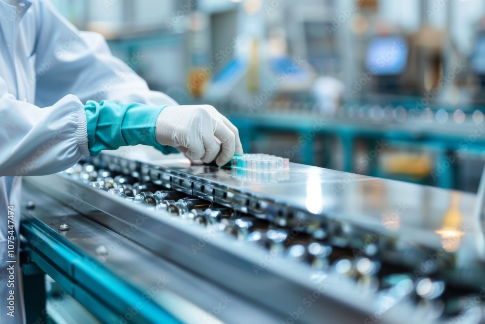 Worker in lab coat and gloves assembling parts on conveyor belt Worker in lab coat and gloves assembling parts on conveyor belt
