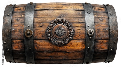 Rustic wooden barrel with metal rings and a central emblem isolate white background photo