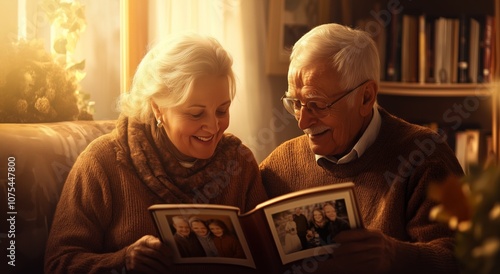 old man and old woman sitting next to each other looking through a family album .Generative AI