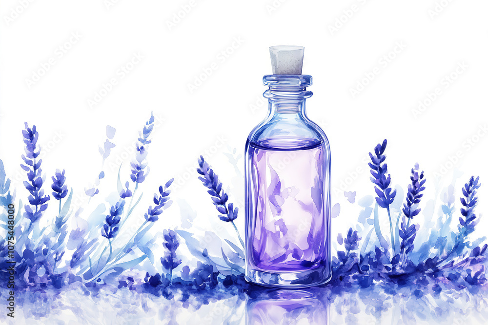 A glass bottle filled with lavender oil surrounded by blooming lavender flowers in a serene setting. Generative AI A glass bottle filled with lavender oil surrounded by blooming lavender flowers in a serene setting. Generative AI