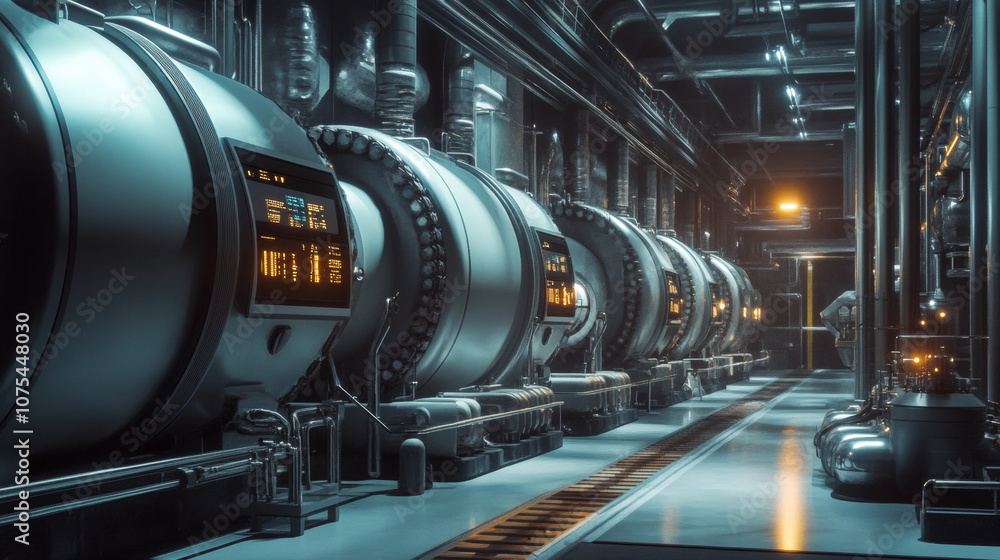 Rows of massive oxygen and hydrogen tanks at an industrial facility Rows of massive oxygen and hydrogen tanks at an industrial facility