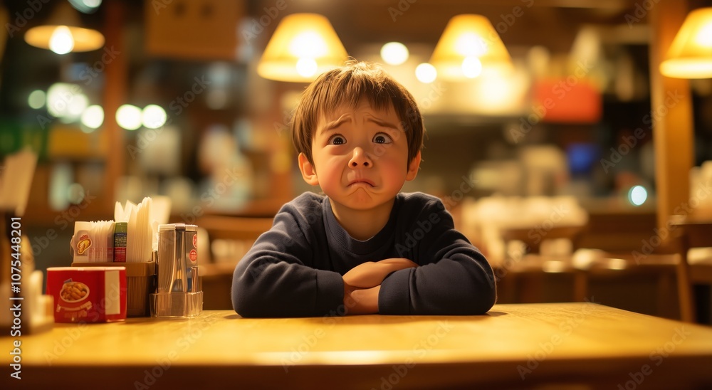 boy sits at table crying and screaming .Generative AI boy sits at table crying and screaming .Generative AI