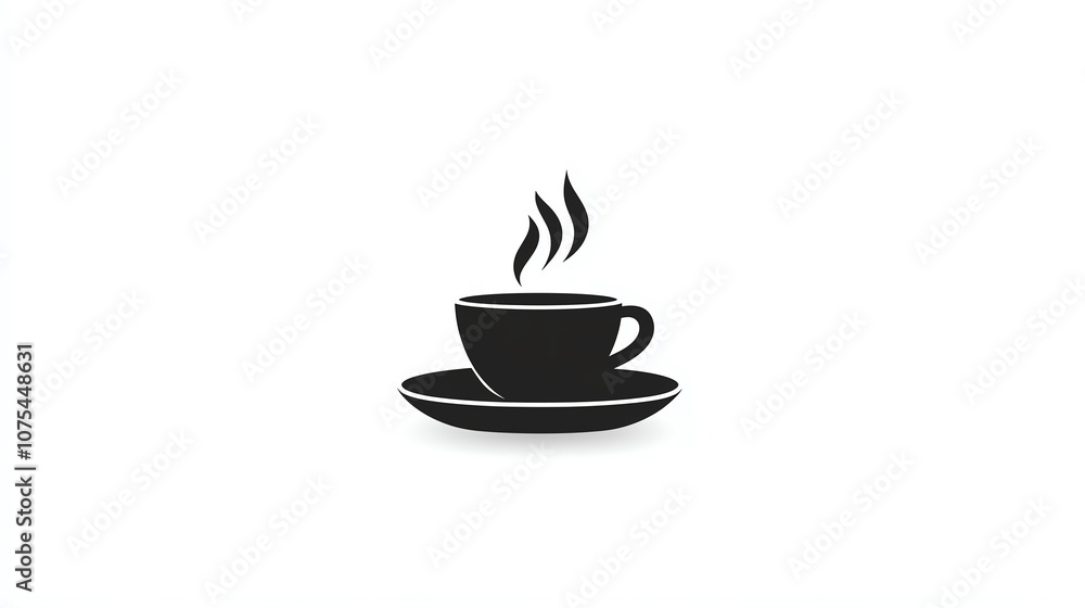 Simple black icon of a steaming coffee cup on a saucer, classic and minimalist isolated on white Simple black icon of a steaming coffee cup on a saucer, classic and minimalist isolated on white