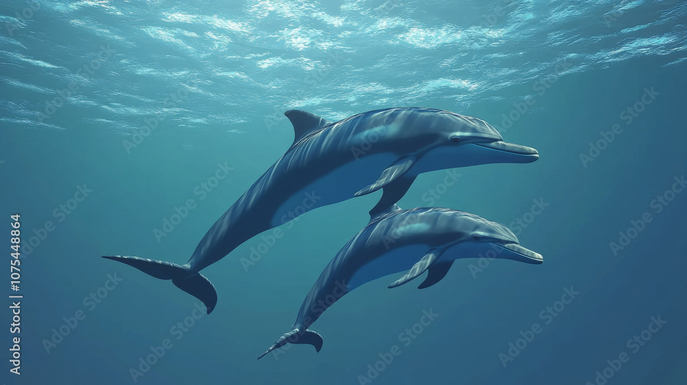 Obraz premium Smiling dolphins swimming together in clear blue water