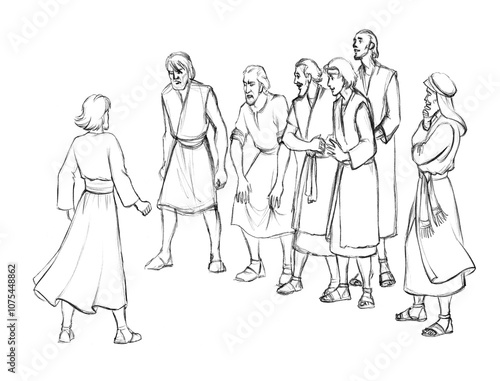 Pencil drawing. The men caught the guy and are leading him