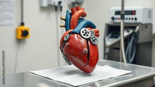 Mechanical heart with gears and pipes situated on a metallic operating table, machinery, futuristic technology, futuristic