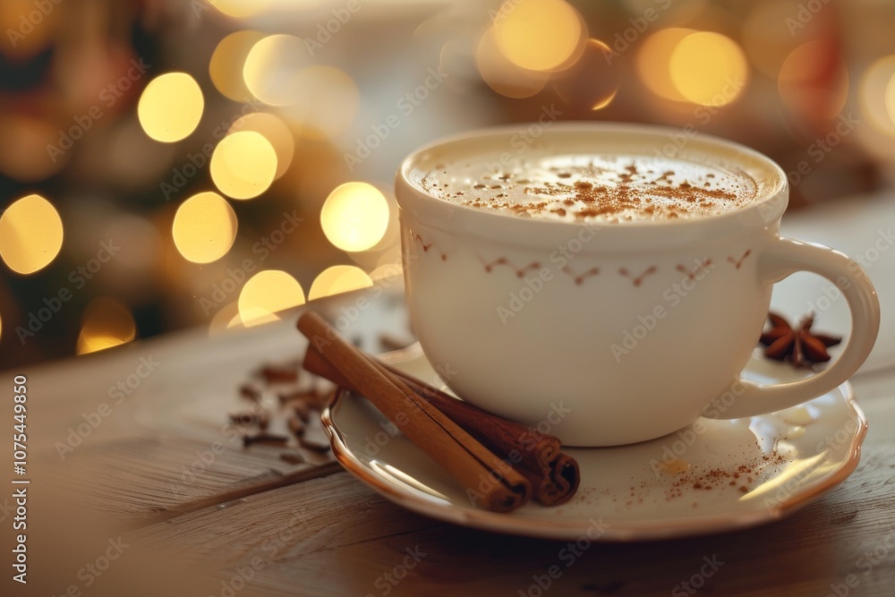 Cup of eggnog with cinnamon sticks on festive table Cup of eggnog with cinnamon sticks on festive table