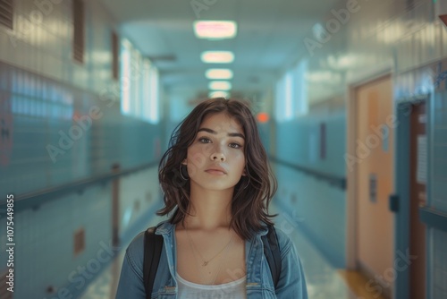 Confident Hispanic female high school student standing in hallway photo