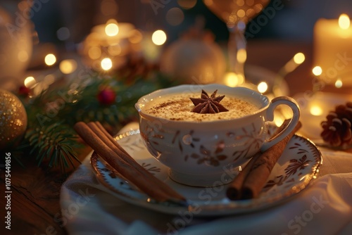 Cup of eggnog with cinnamon sticks on festive table