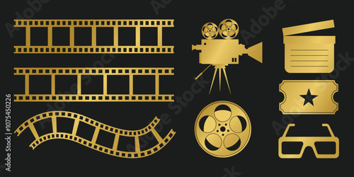 Golden cinema icon set. Camera, ticket, film strip, 3D glasses, clapperboard, and film reel. Vector illustration