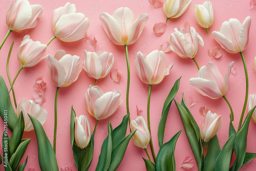 Obraz premium Pink Tulips on a Soft Pink Background Flat Lay