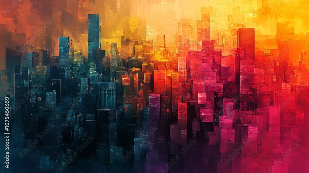 Abstract cityscape with blue, red, and yellow tones Abstract cityscape with blue, red, and yellow tones