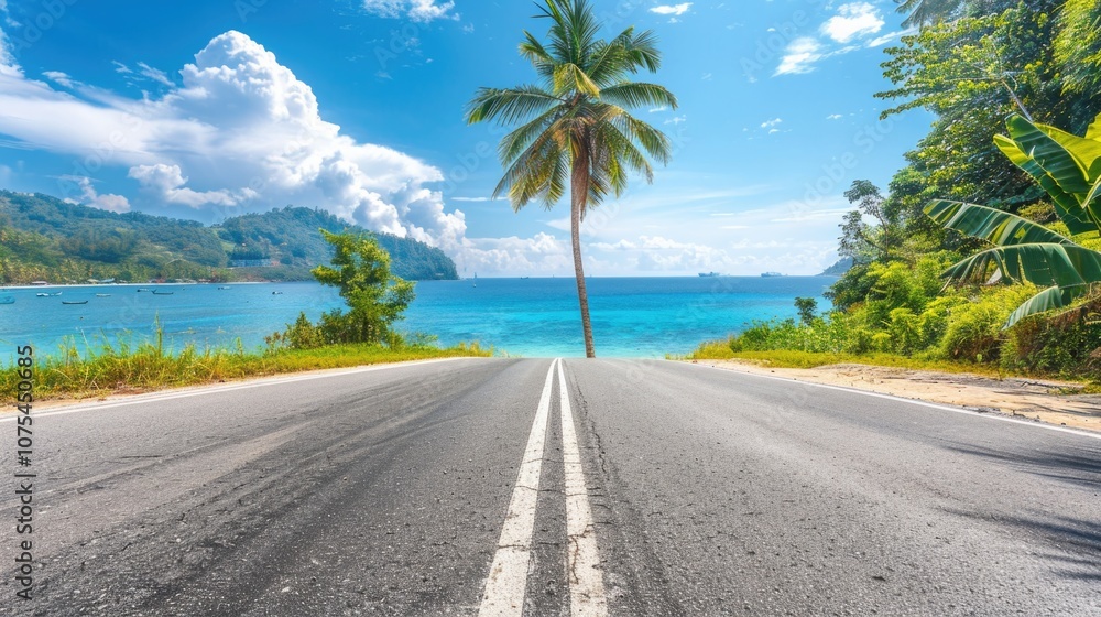 Tropical Road. Coastal Travel with Palm Trees, Seascape, and Nature Scenery Tropical Road. Coastal Travel with Palm Trees, Seascape, and Nature Scenery
