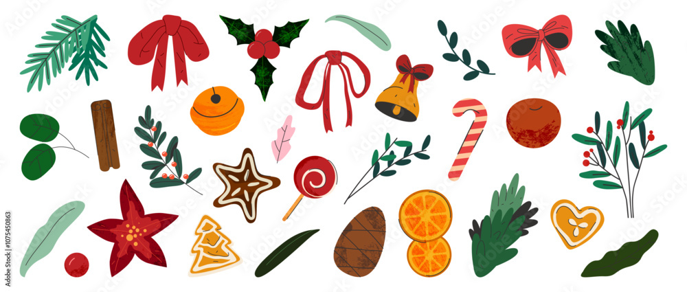 Obraz premium Decorative stickers for home decor on Christmas holidays. Vector icons or clip art set. Coniferous branches, cones, twigs with berries, sweets and dried fruits, bows. Elements for New year needlework.