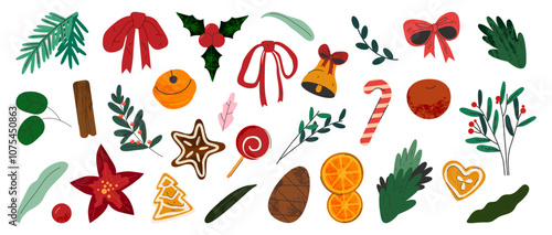 Decorative stickers for home decor on Christmas holidays. Vector icons or clip art set. Coniferous branches, cones, twigs with berries, sweets and dried fruits, bows. Elements for New year needlework.