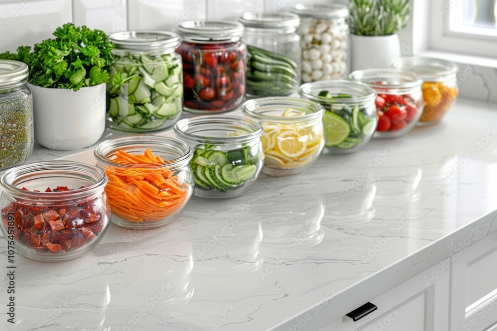 Freshly chopped vegetables displayed in clear bowls Freshly chopped vegetables displayed in clear bowls
