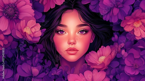 Stylized portrait of a woman surrounded by flowers, pink and purple hues, artistic