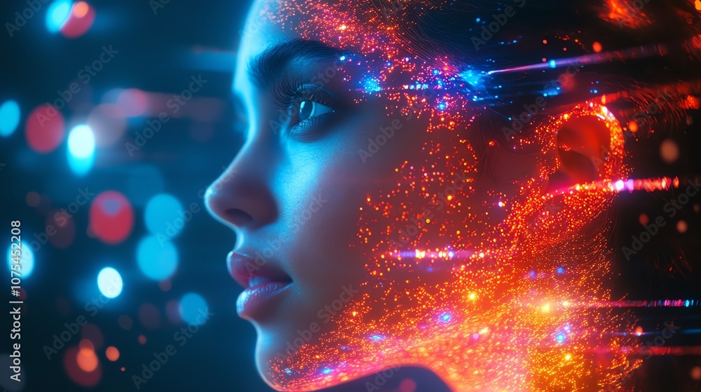 Surreal profile of a woman with intricate lights and wires, futuristic cosmic elements Surreal profile of a woman with intricate lights and wires, futuristic cosmic elements