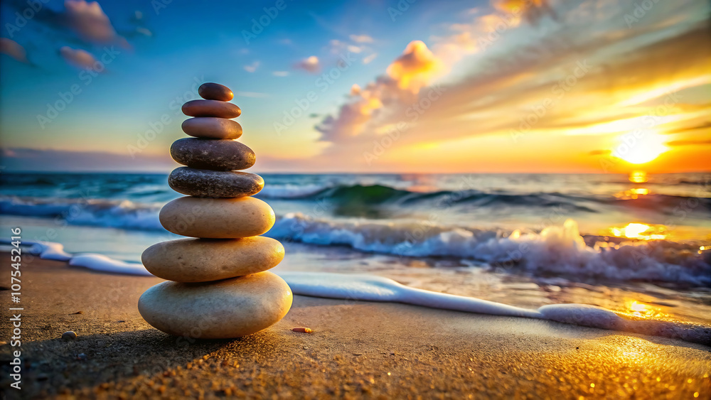 Fototapeta premium Pebble Pyramid Balanced on Beach with Ocean View – A Stunning Display of Zen, Harmony, and Meditation, Creating a Spa-Like Tranquility and Balance Concept with Soft Blur in the Background